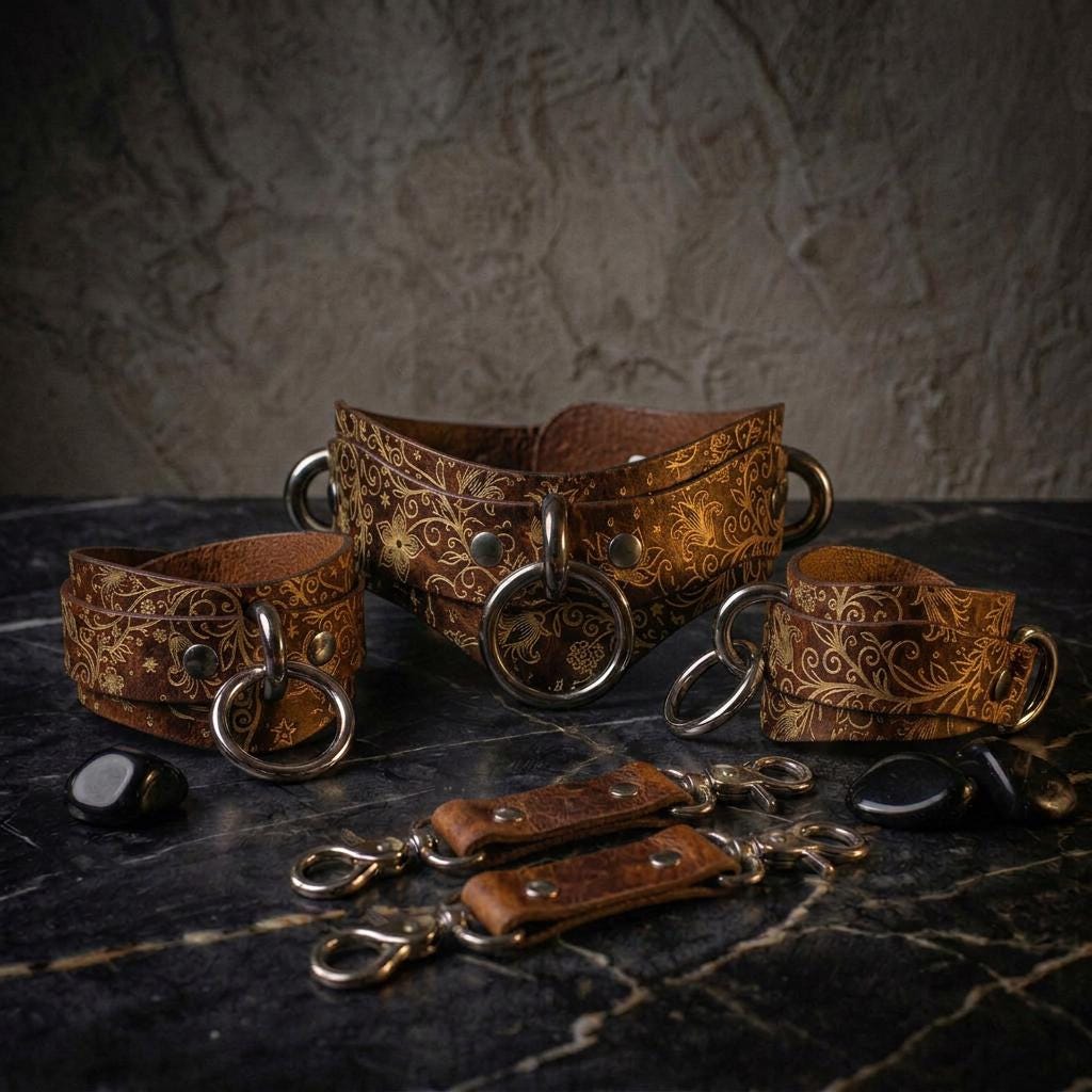 a collection of ornate leather straps and buckles arranged on a dark surface, possibly a table or countertop.