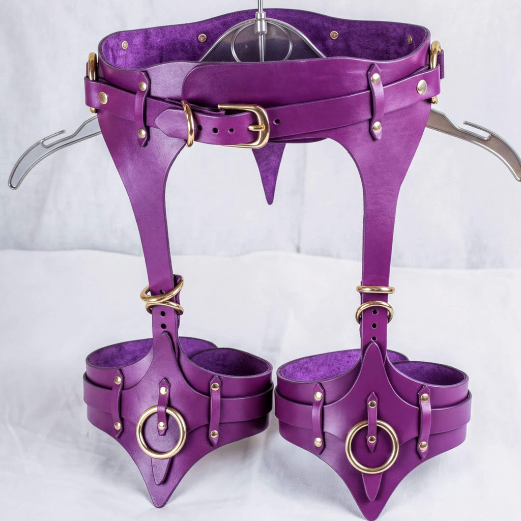 A pair of purple leather corsets with gold hardware, including buckles and straps, displayed on a white background.