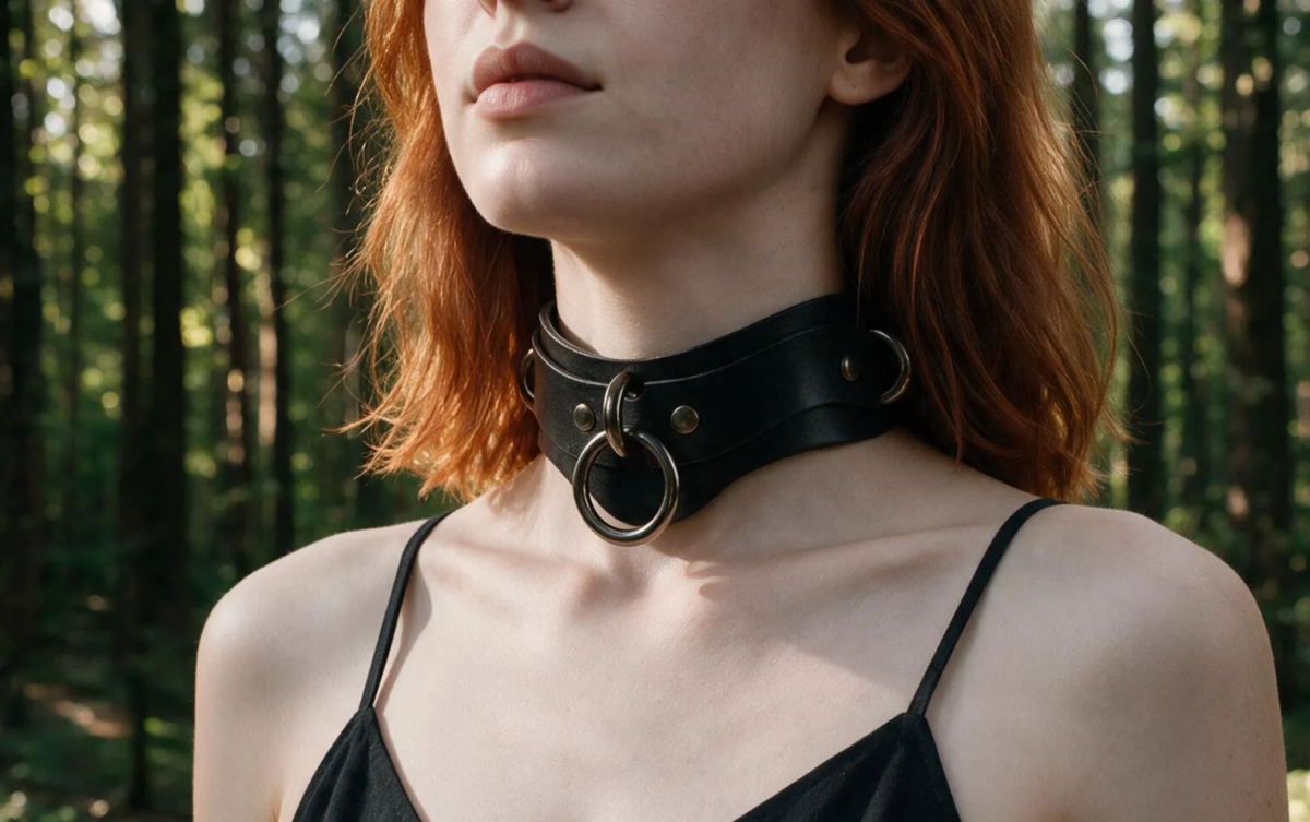 A woman with red hair wearing a black choker necklace stands in a forested area.