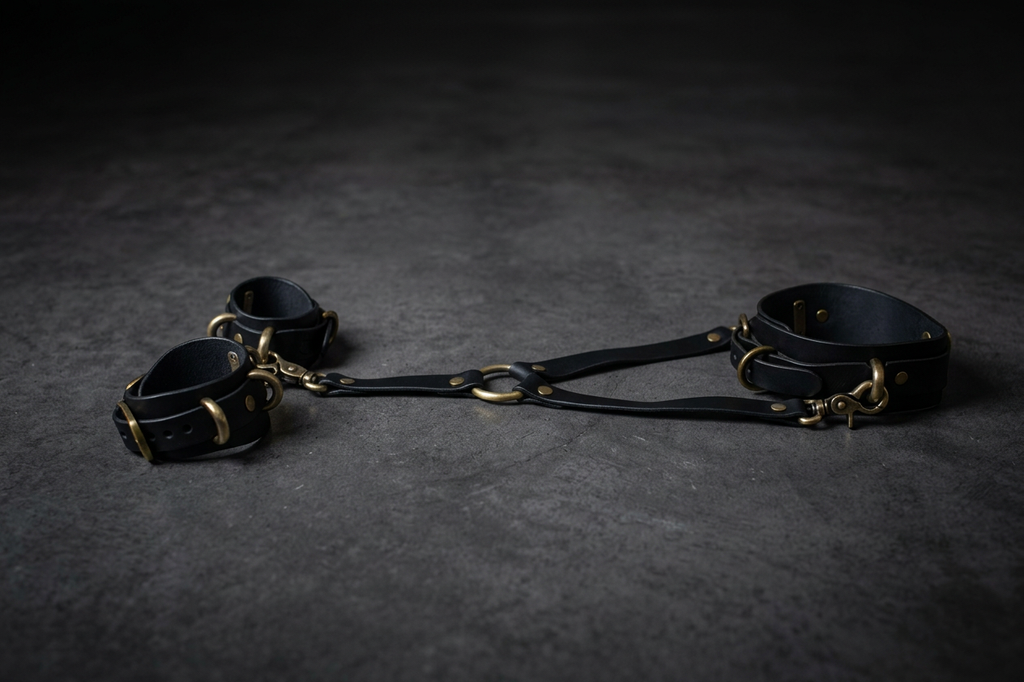 A pair of black leather restraints with gold-colored buckles and straps are displayed on a dark surface.