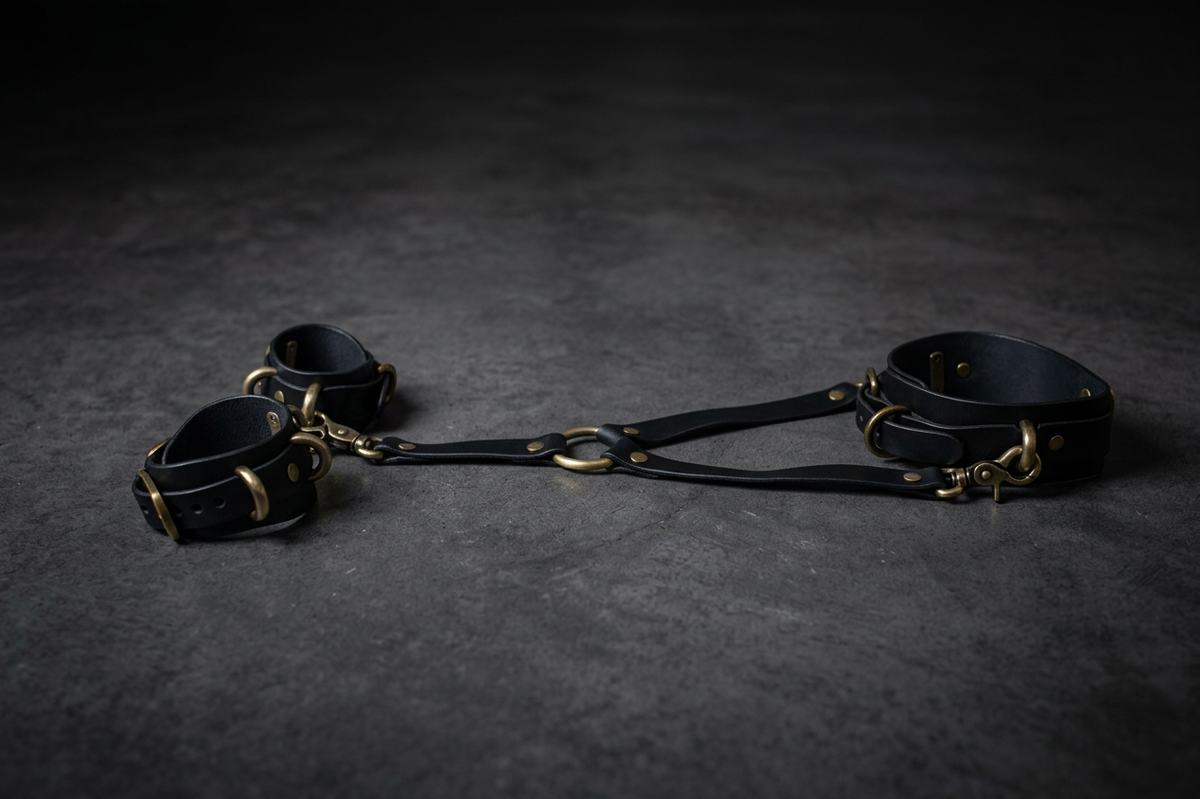 A pair of black leather restraints with gold-colored buckles and straps are displayed on a dark surface.