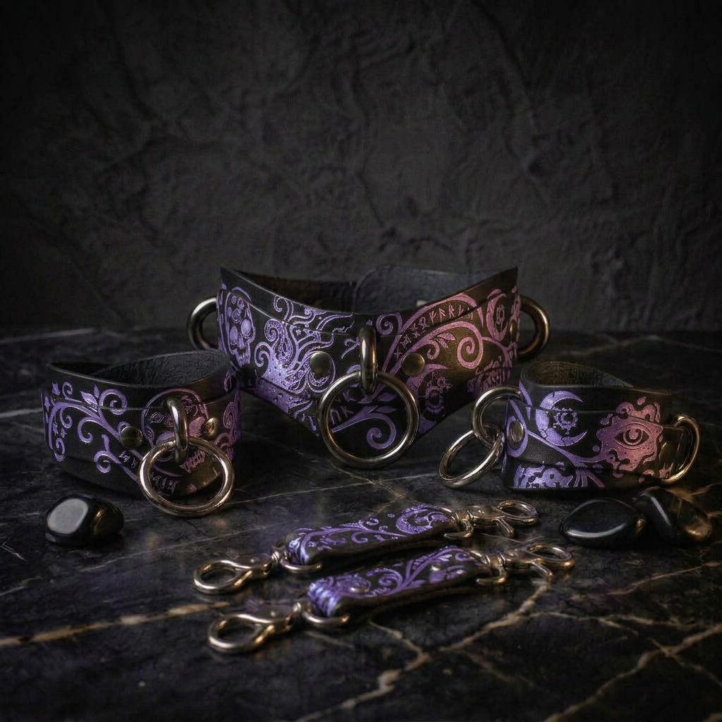 a collection of leather accessories with intricate designs, including rings and straps, arranged on a dark surface.