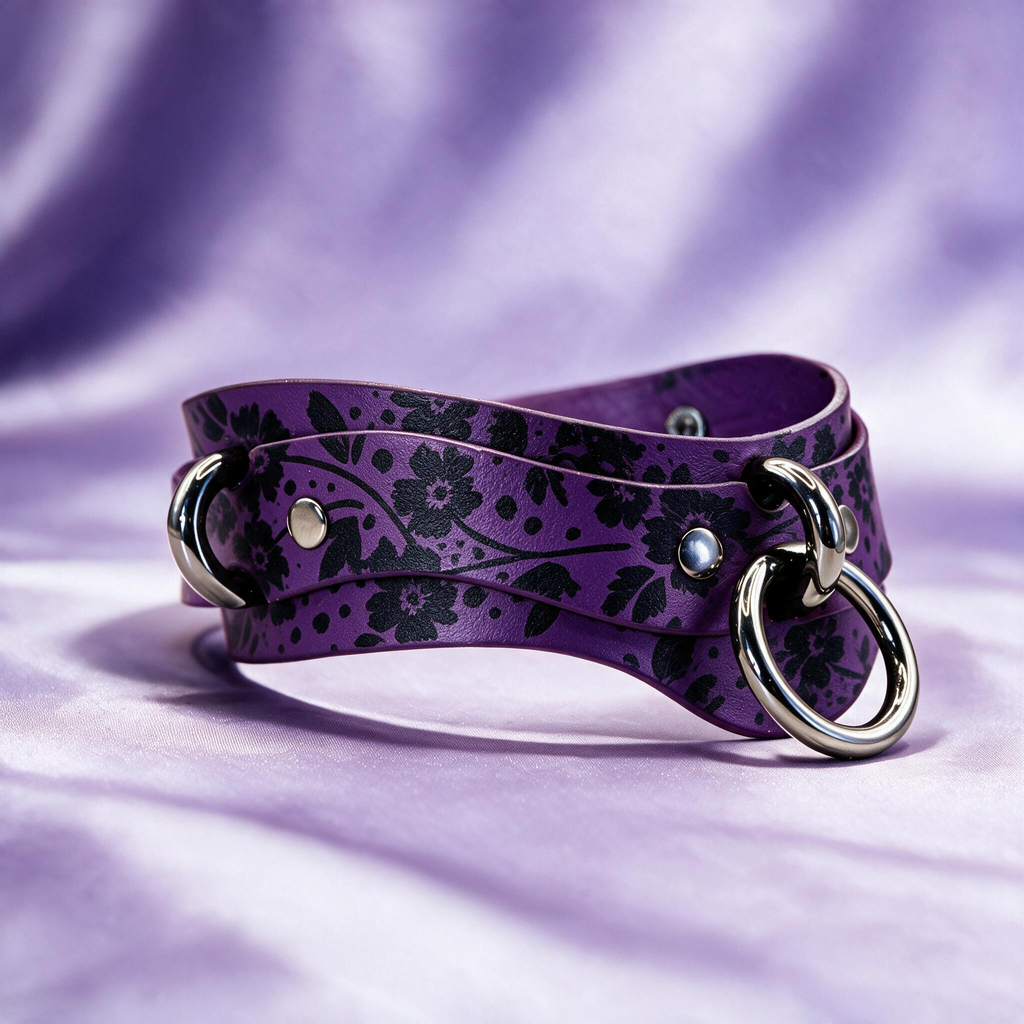 A purple leather choker necklace with a floral pattern and metal rings on the ends, resting on a purple fabric background.