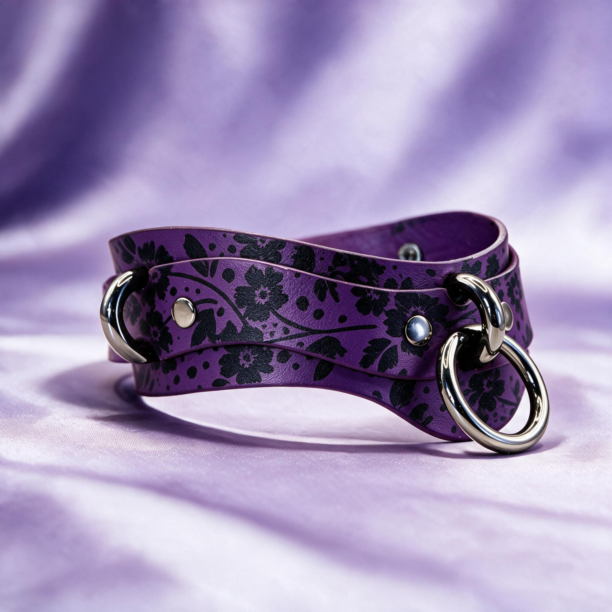 A purple leather choker necklace with a floral pattern and metal rings on the ends, resting on a purple fabric background.
