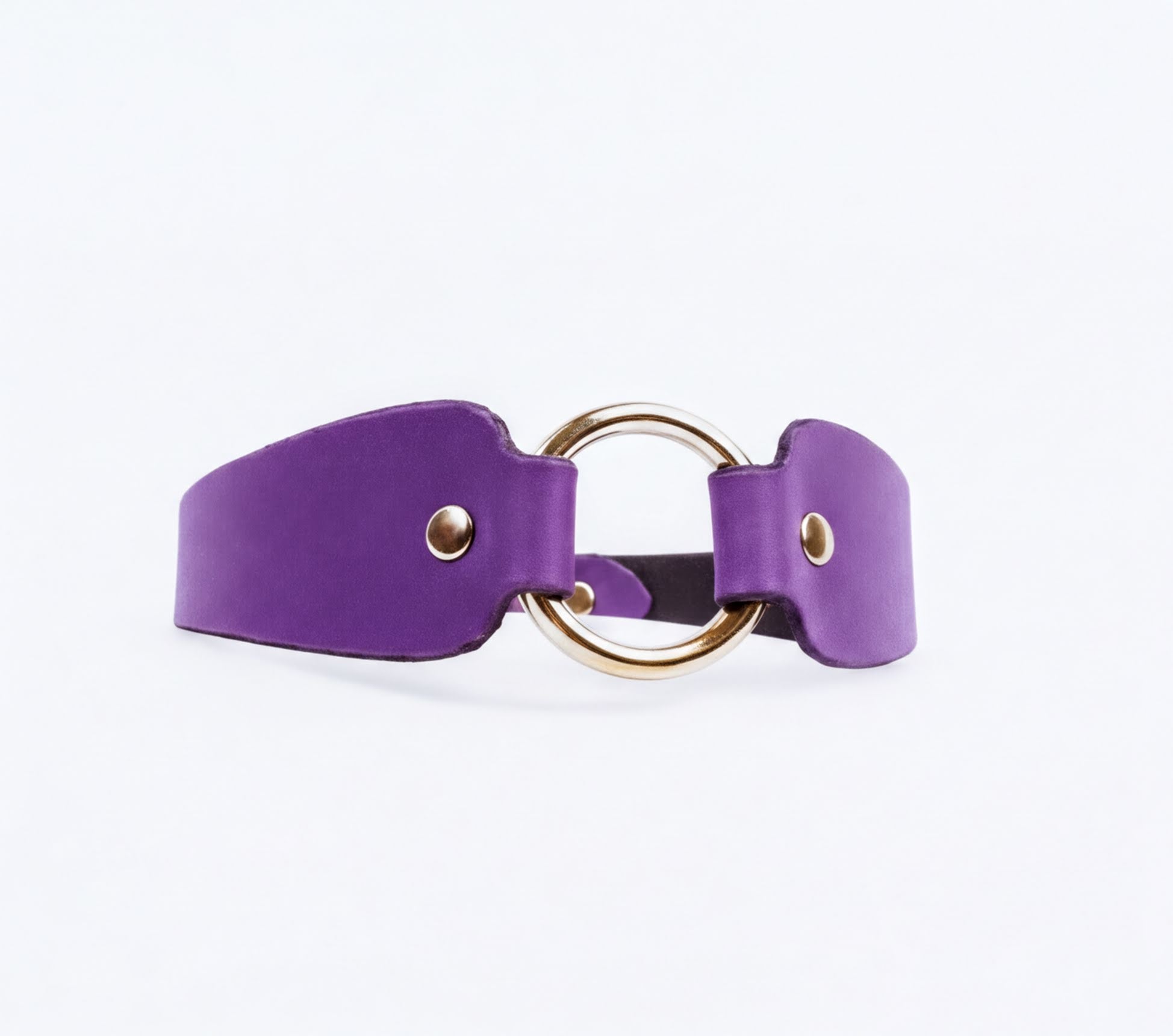 A purple leather choker necklace with a gold-colored circular buckle.