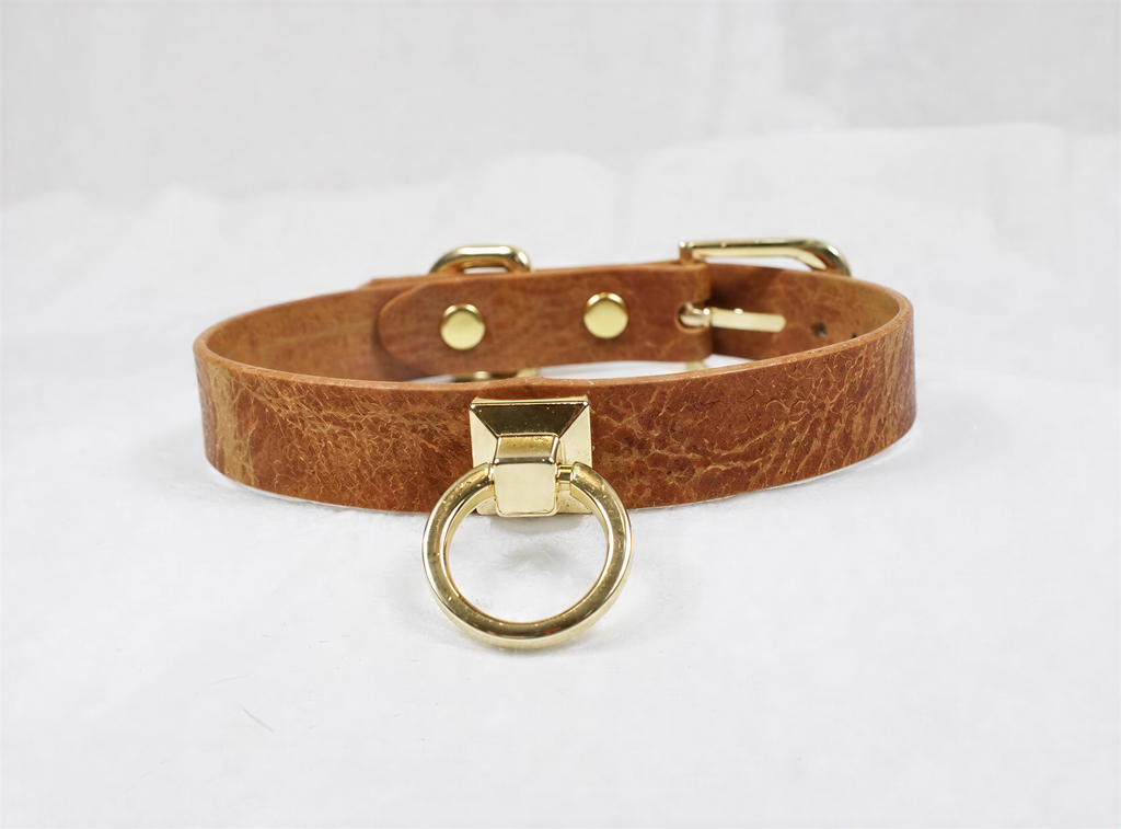 A brown leather choker collar with a gold-colored metal ring and buckle.