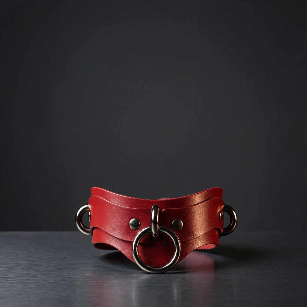 A red leather choker necklace with metal rings and a metal clasp is displayed against a dark background.