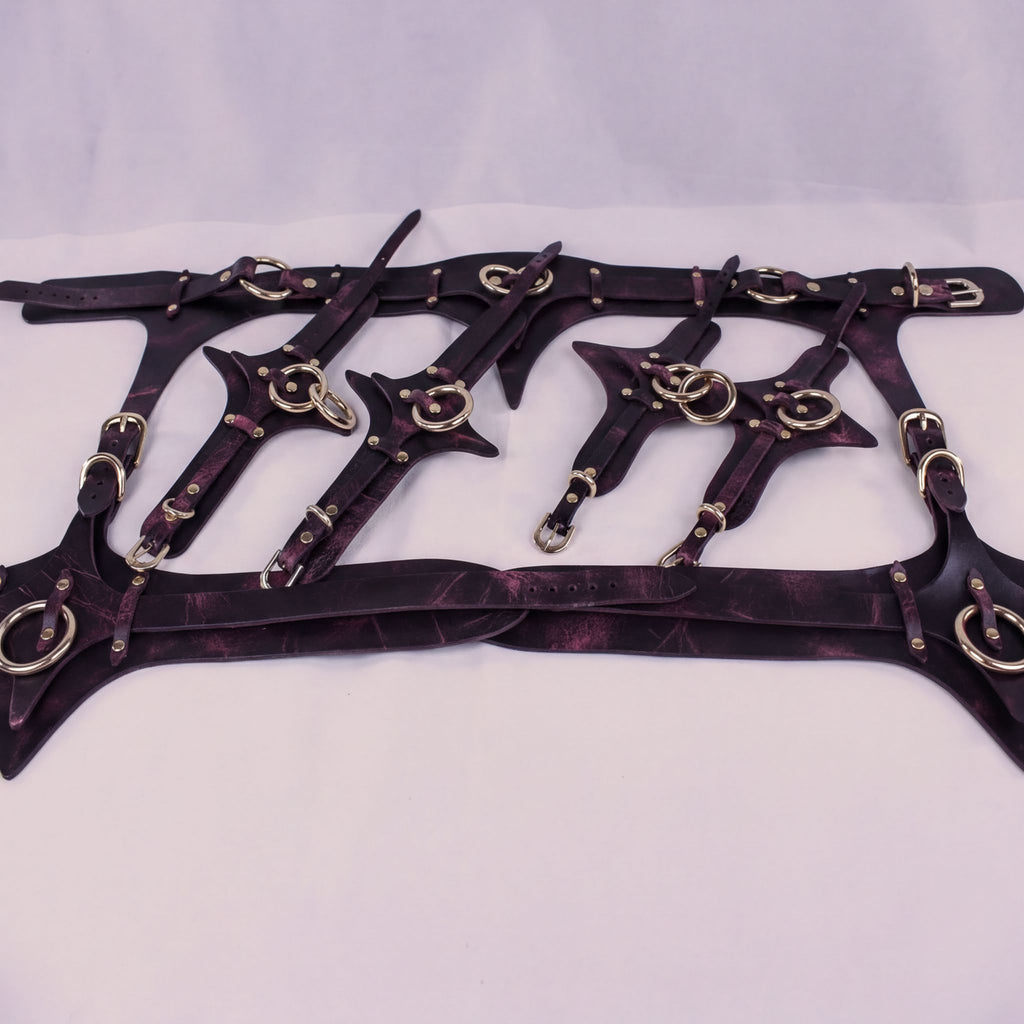 A collection of leather straps with metal rings and buckles, arranged in a decorative manner.