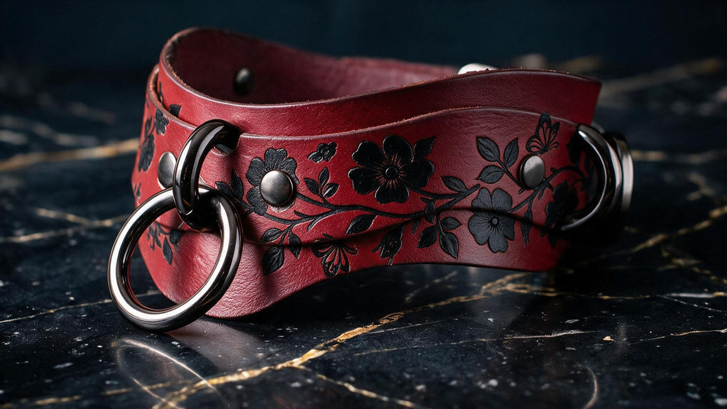 A red leather choker necklace with black floral designs and metal rings is displayed on a dark marble surface.