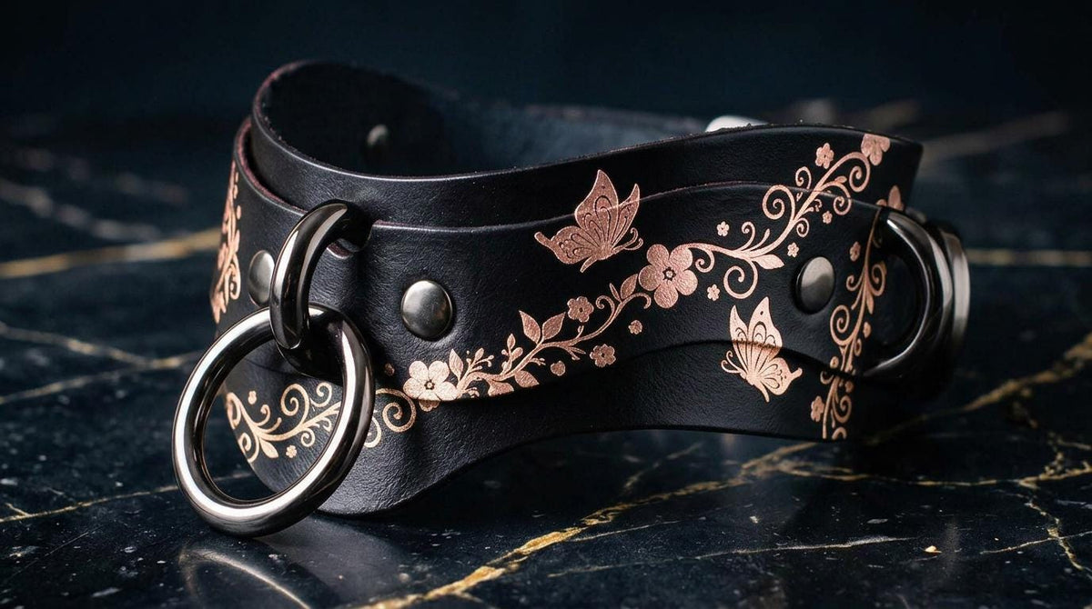 A black leather choker necklace with a floral design and metal rings on the ends.