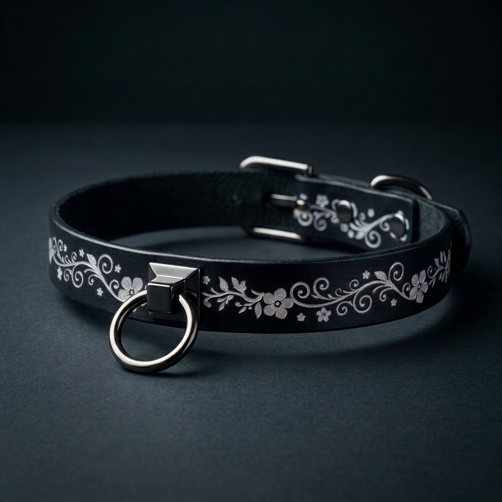 A black leather collar with a floral design and a metal ring on the front.