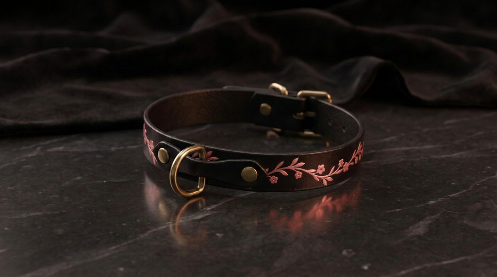 A black leather collar with a floral design and a gold-colored buckle is displayed on a dark surface.