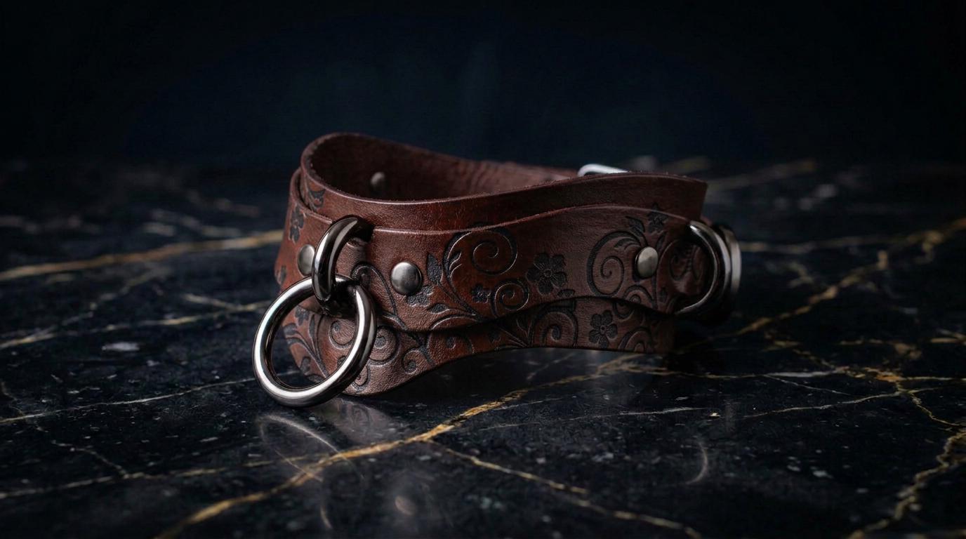 A brown leather choker necklace with metal rings and a floral pattern on the clasp is displayed on a dark marble surface.