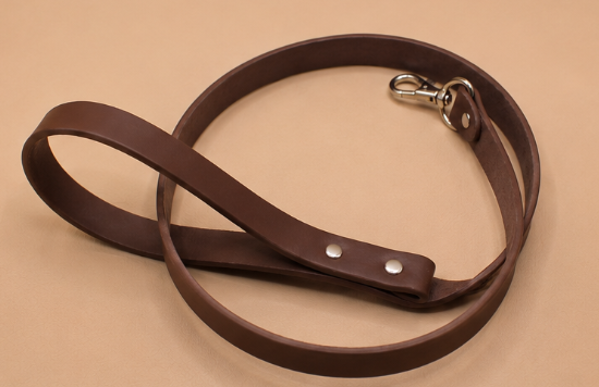 A brown leather dog leash with a metal clasp and buckle is shown on a beige background.