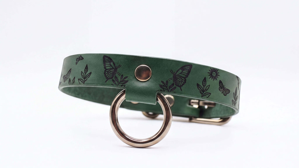 A green leather collar with a metal ring and butterfly designs printed on it.