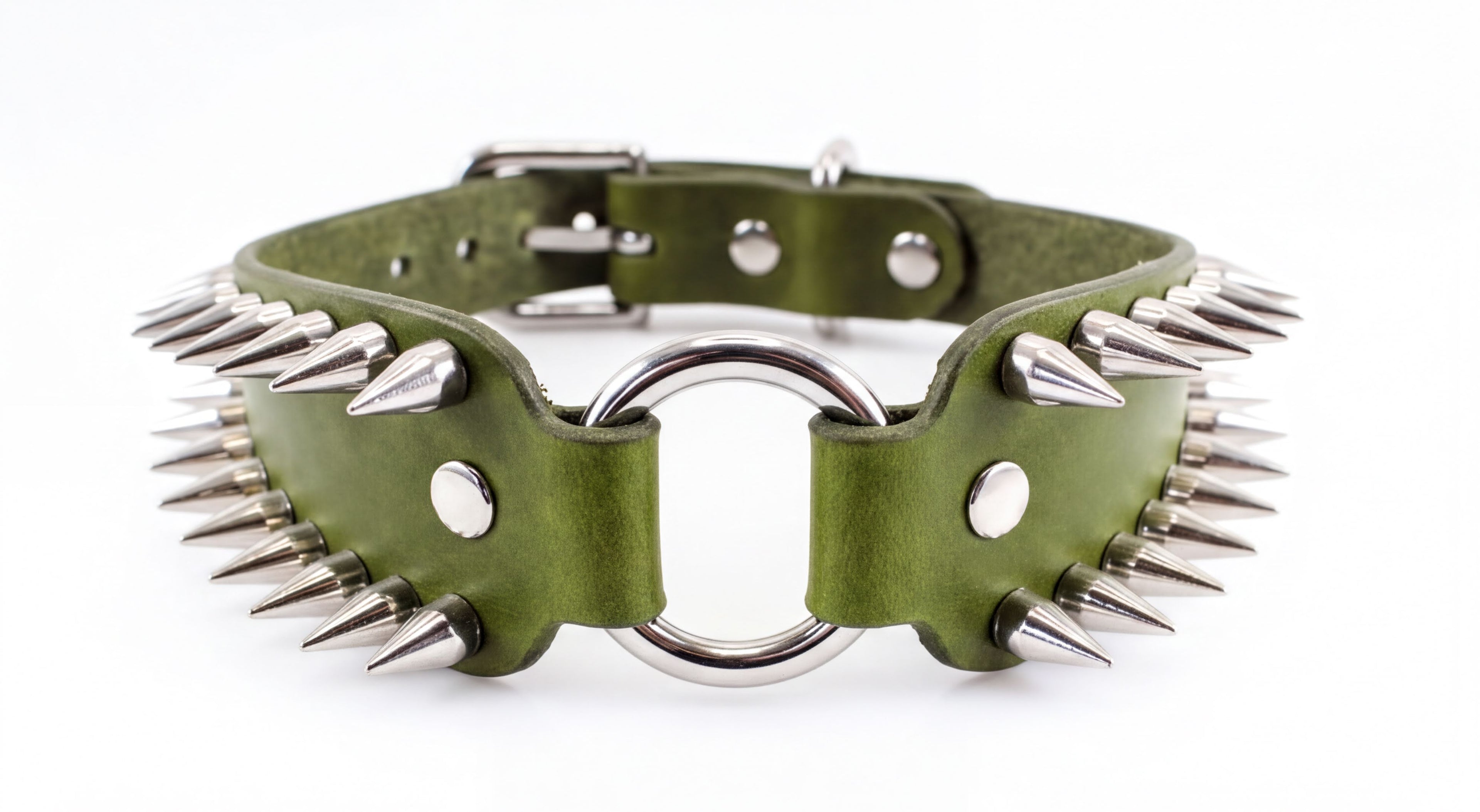 A green leather collar with spikes protruding from it, featuring a metal ring and buckle.