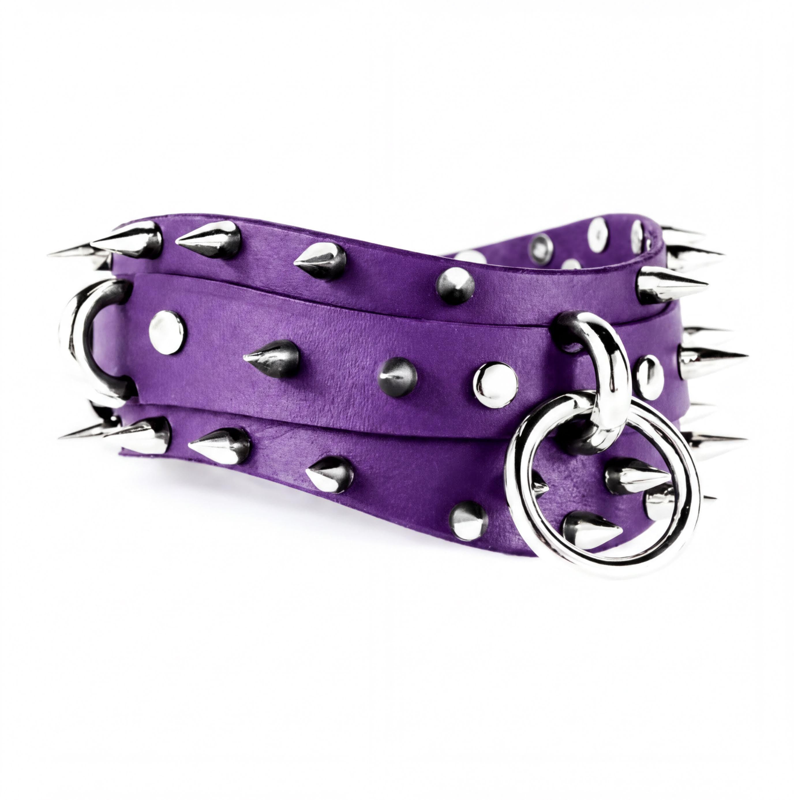 A purple leather belt with silver spikes and a metal ring.