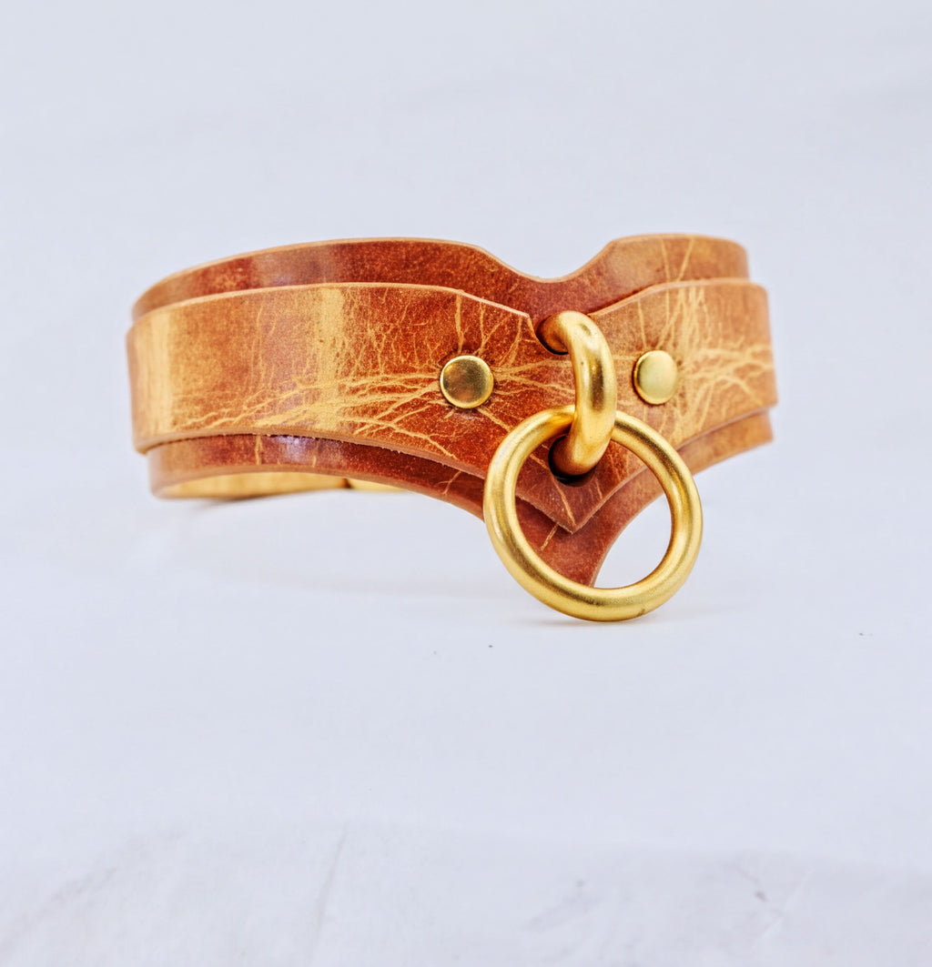 A brown leather choker necklace with a gold-colored metal ring and two gold-colored metal studs on the front.