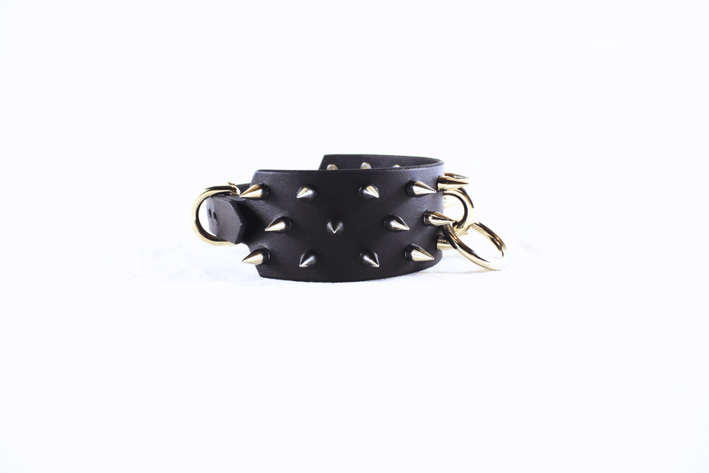 Dominion Leather Collar – Spiked BDSM Posture Collar Choker with polished spikes and gold accents.