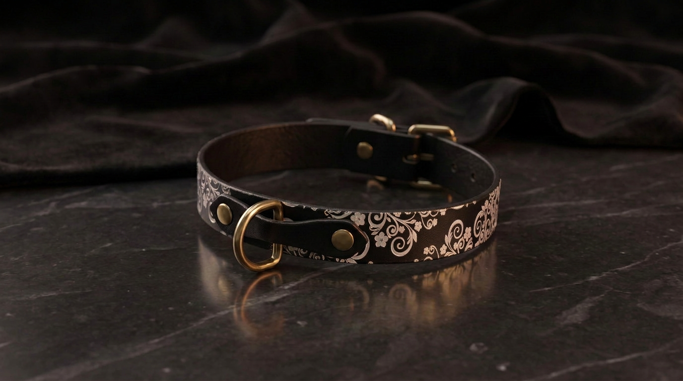 A black leather collar with a gold-colored buckle and a white floral pattern on the band, resting on a dark surface.
