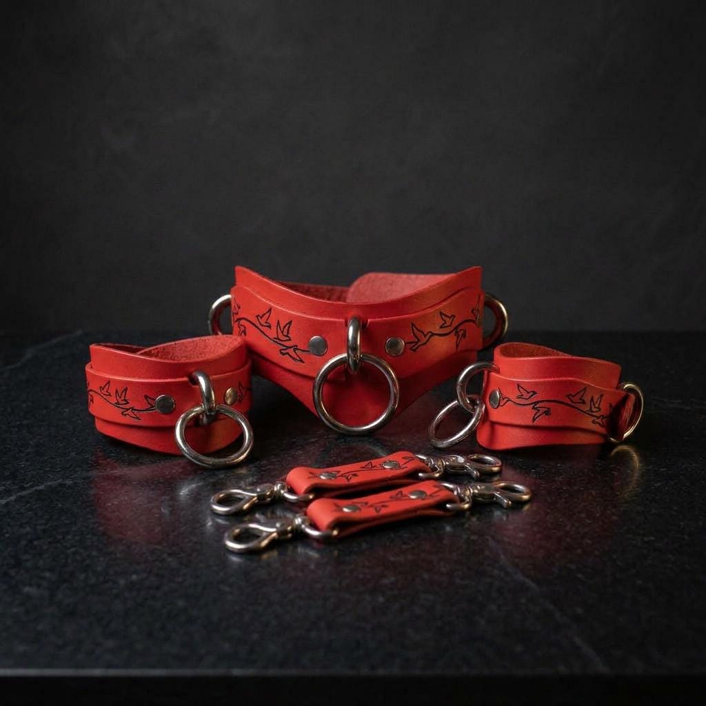 a set of red leather straps with metal rings and buckles, arranged on a black surface.
