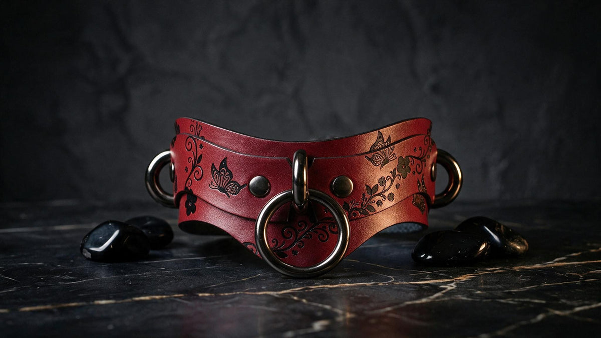 A red leather choker necklace with a floral design and metal rings is displayed on a black marble surface, accompanied by black stones.