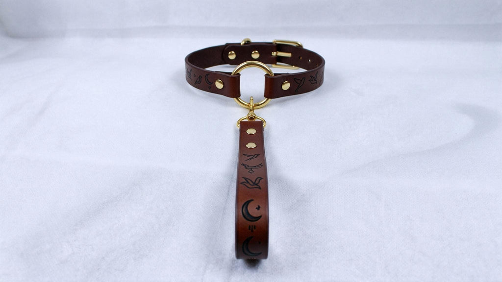 A brown leather collar with a gold buckle and a black handle with a moon and bird design.