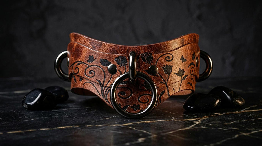 A brown leather collar with a floral design and metal rings is displayed on a black marble surface, accompanied by black stones.