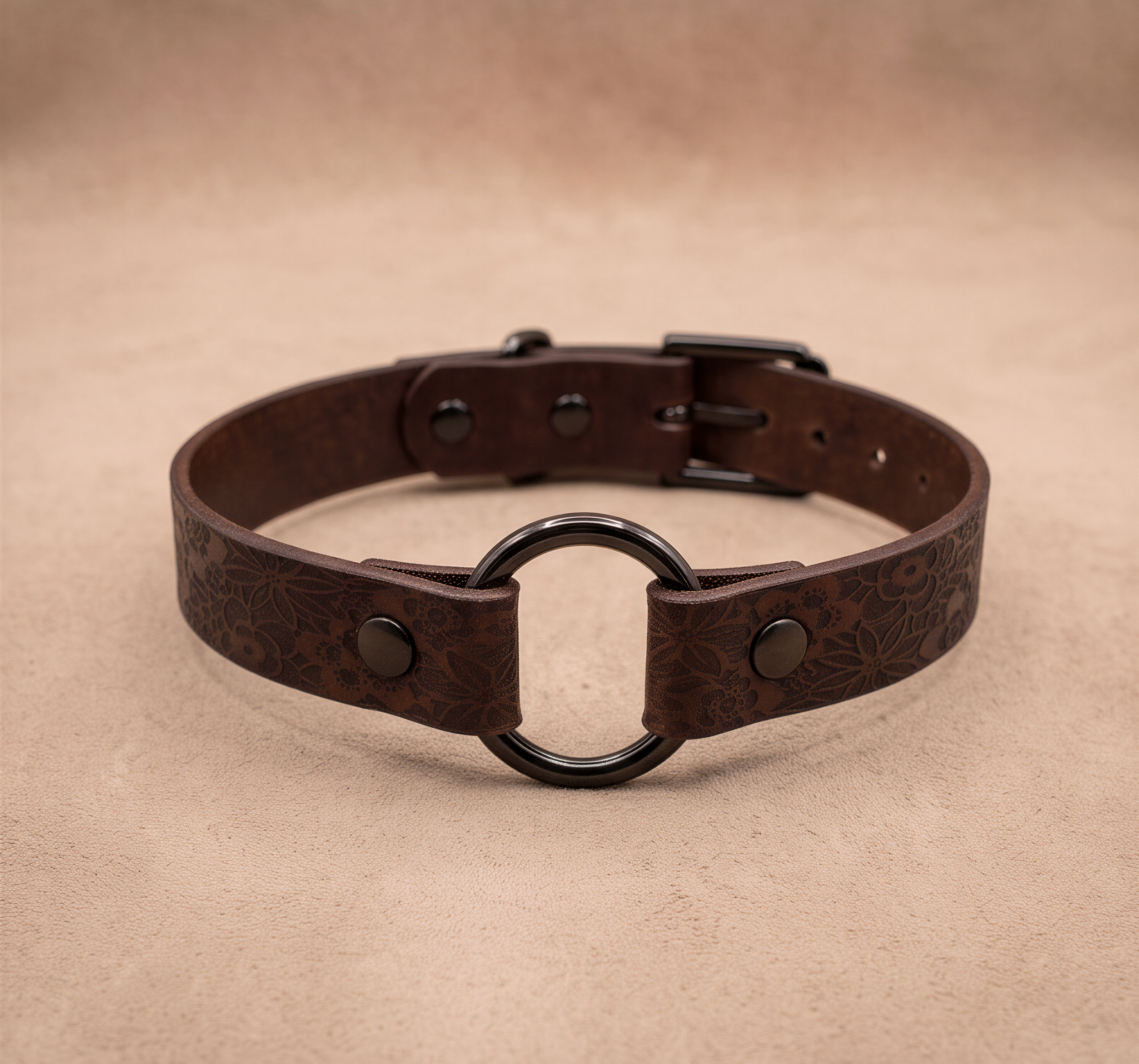 A brown leather choker collar with a black metal ring and buckle.