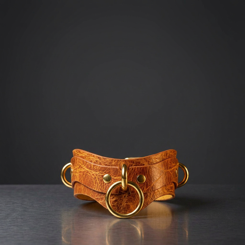 A brown leather collar with gold rings and a metal buckle is displayed against a dark background.