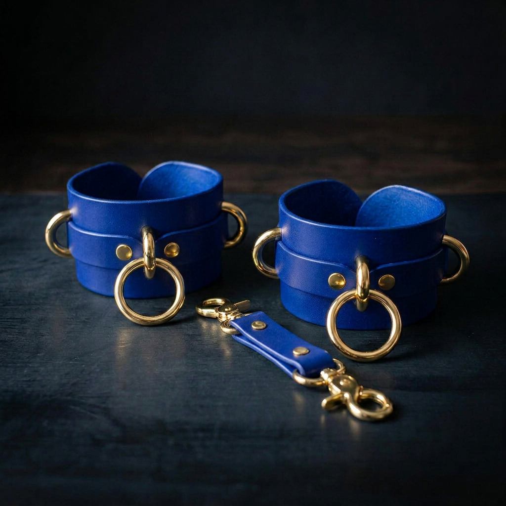 a pair of blue leather cuffs with gold-colored metal rings and a matching leather strap.