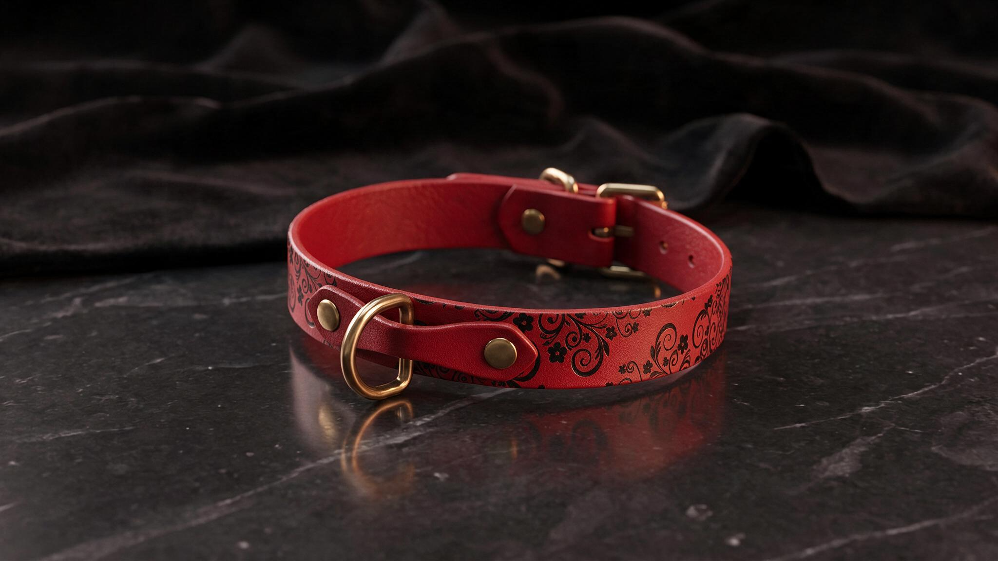 A red leather collar with a gold buckle and decorative pattern rests on a dark surface.