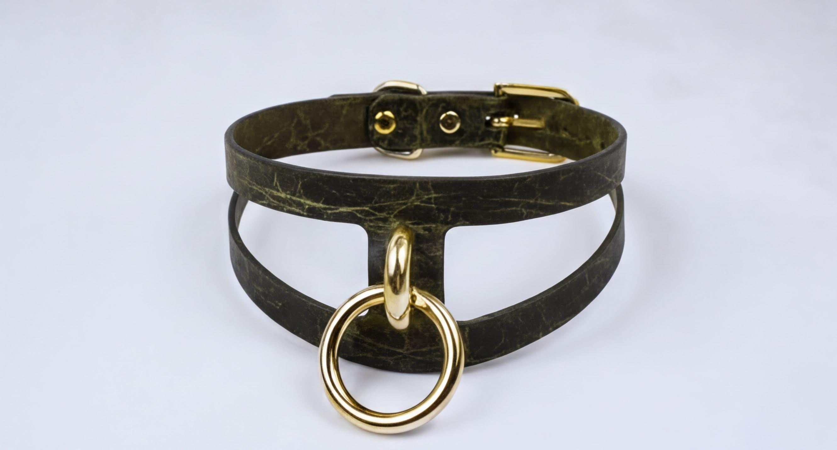 A dark green choker necklace with a gold-colored metal ring and buckle.