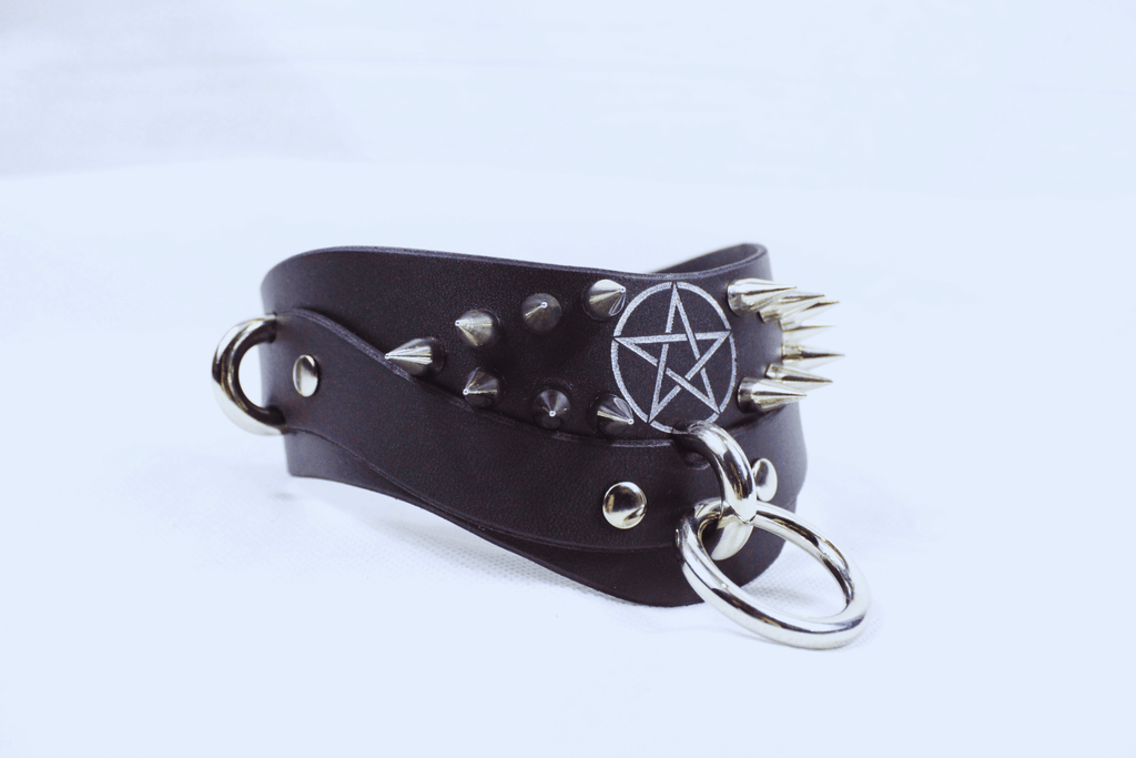 Pentagram BDSM Collar with spikes and silver detailing, perfect for gothic and submissive style.
