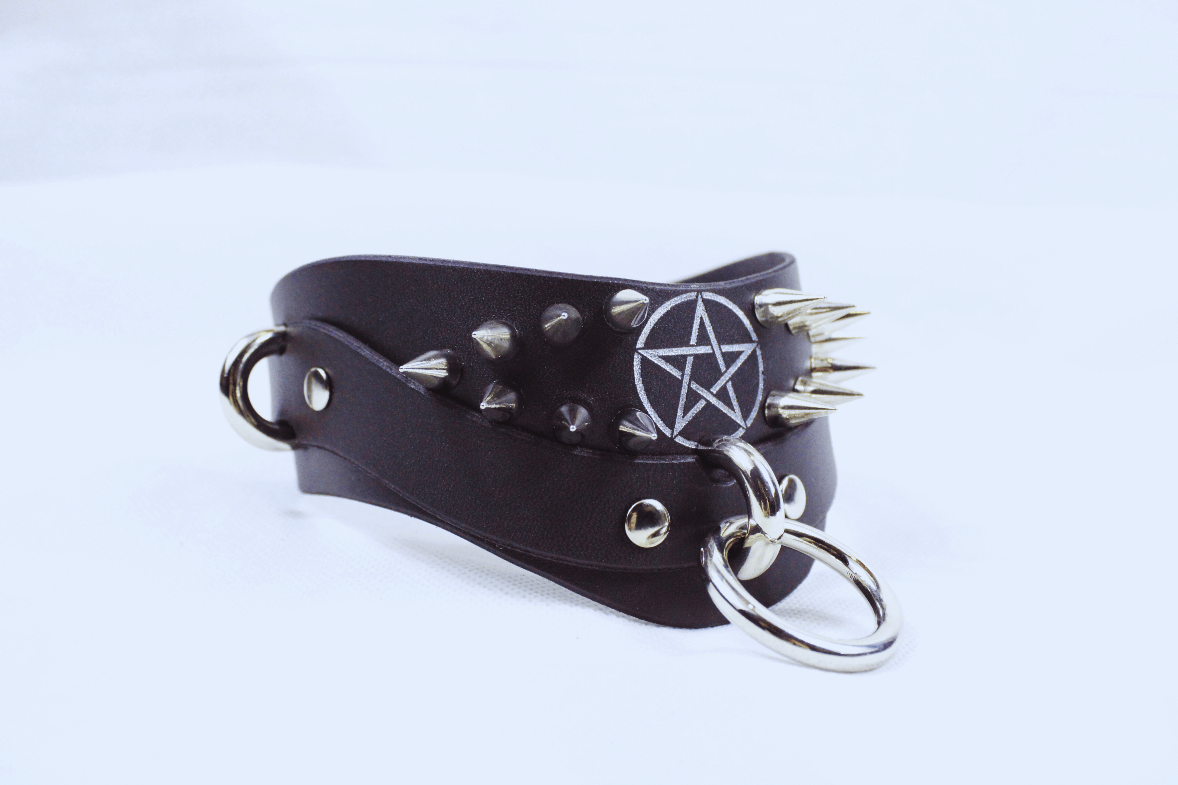 Pentagram BDSM Collar with spikes and silver detailing, perfect for gothic and submissive style.