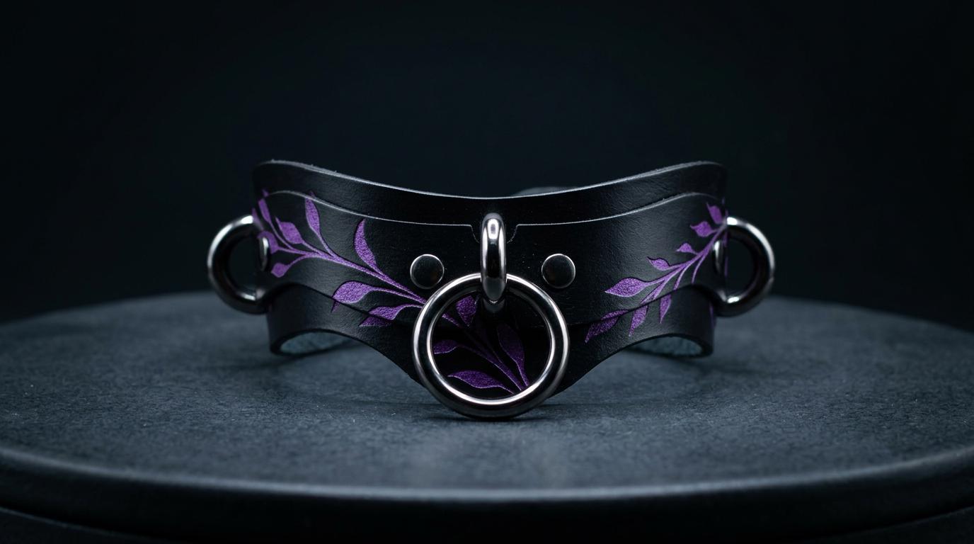A black leather collar with purple leaf designs and metal rings on the front.