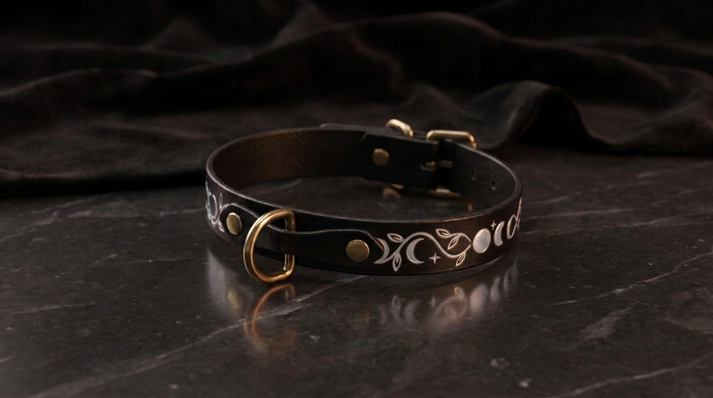 A black leather collar with a gold-colored buckle and a white floral design on the strap is displayed on a dark surface.