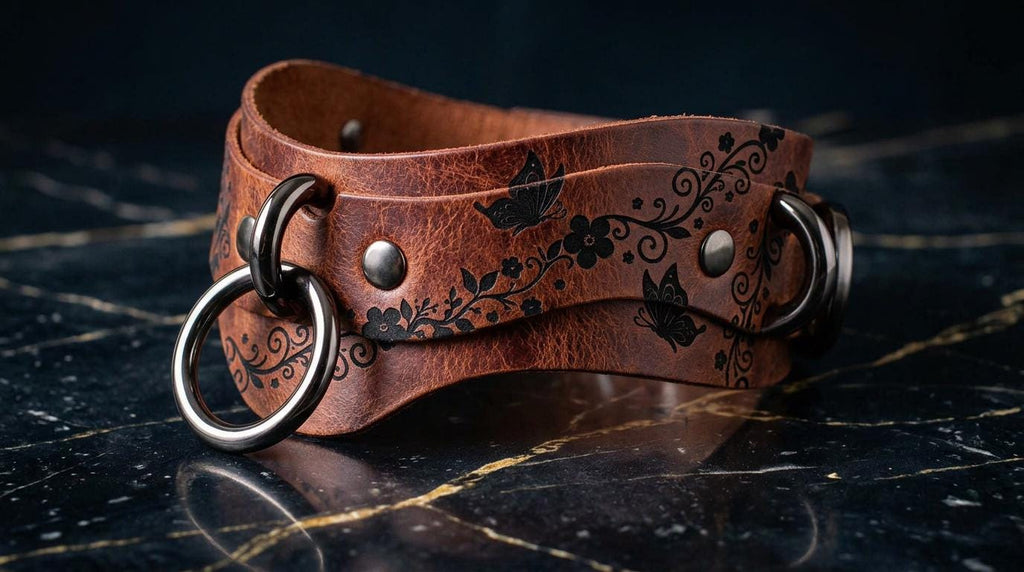 A brown leather strap with metal rings and floral designs on it, resting on a marble surface.