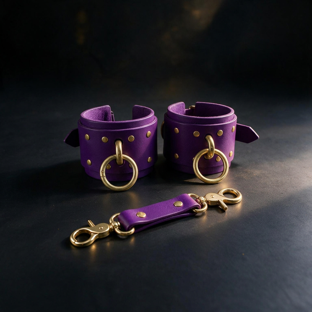 a pair of purple leather cuffs with gold studs and a purple leather strap with gold studs, all placed on a dark surface.