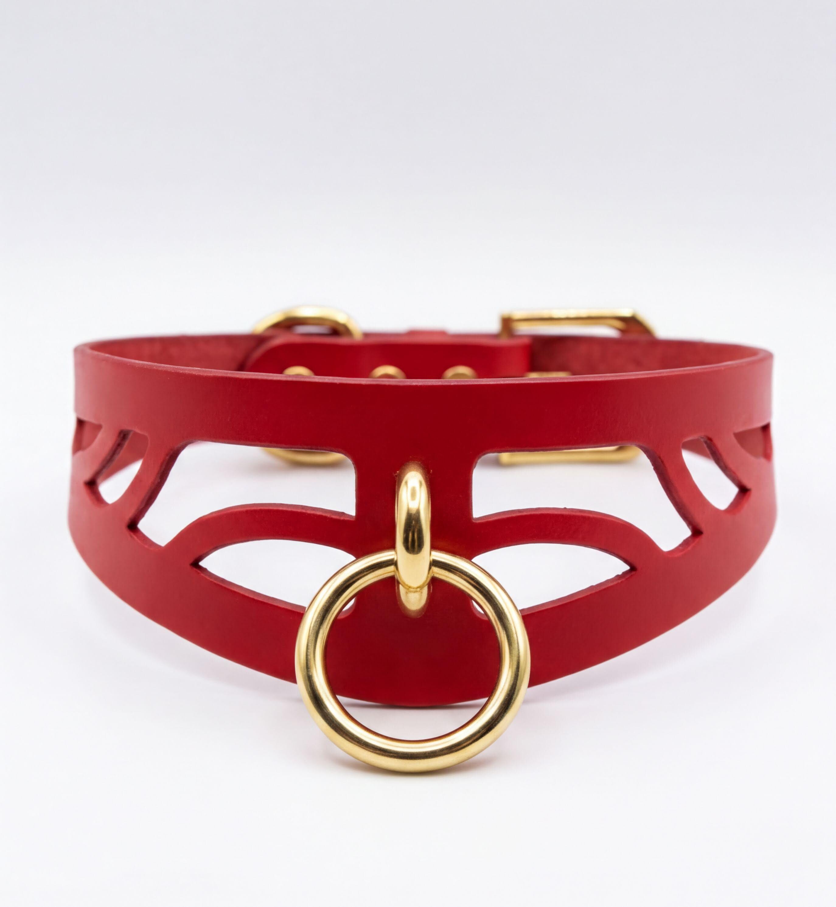 A red leather choker necklace with a gold-colored metal ring and buckle.