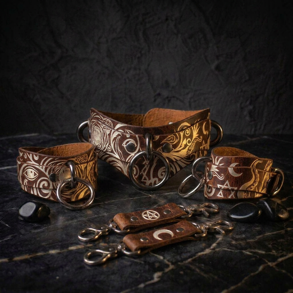 a collection of leather accessories, including a choker, bracelets, and a ring, arranged on a dark surface.