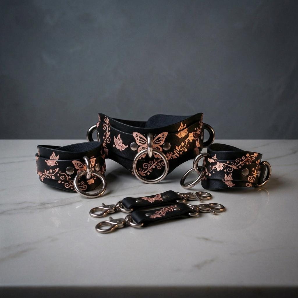 a collection of black leather accessories with floral designs, including a corset, choker, and multiple leather straps.