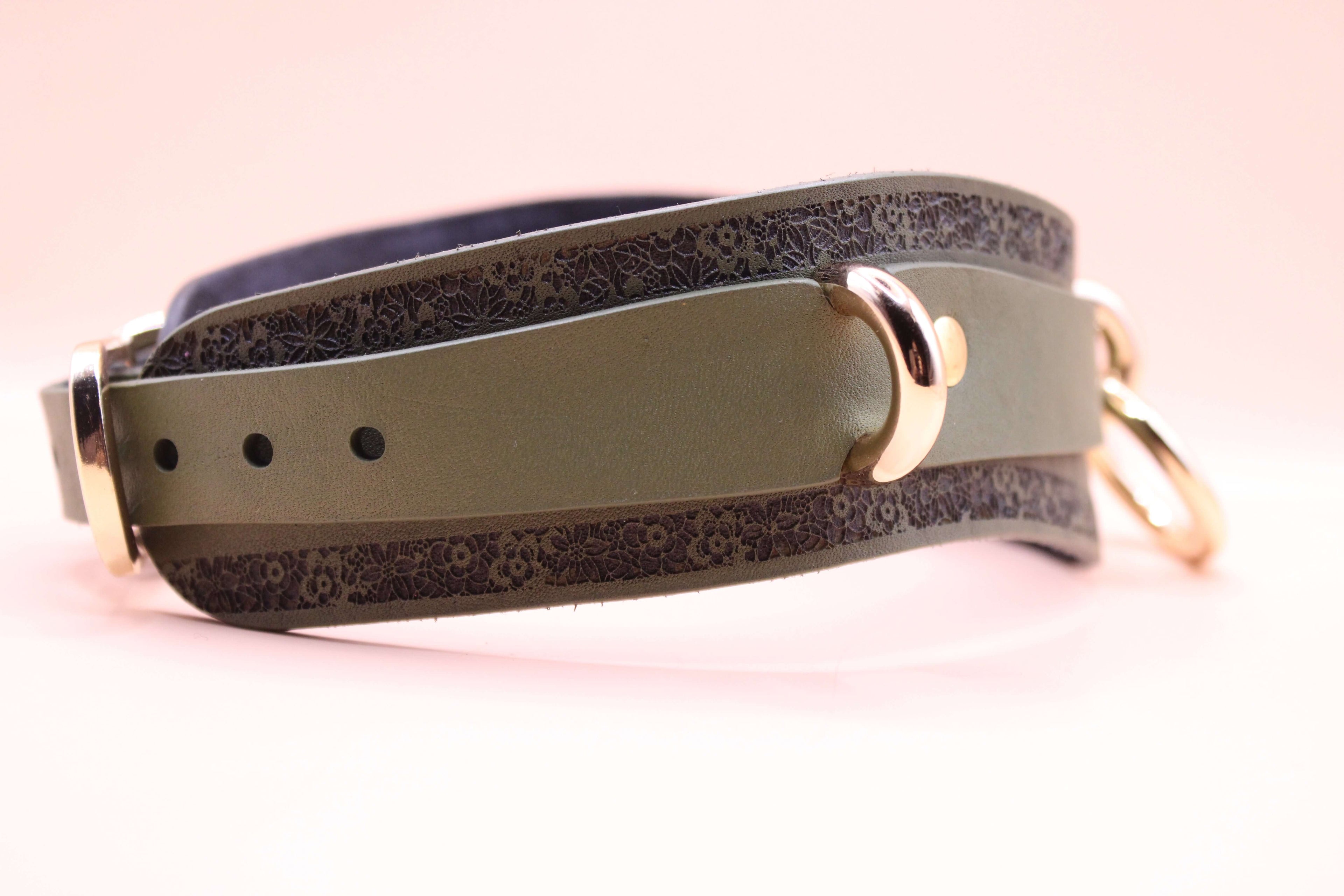 Avocado green leather choker with decorative pattern and gold hardware, perfect for a stylish day collar.