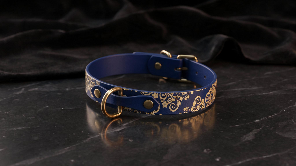 A blue collar with gold floral patterns is displayed on a black marble surface.