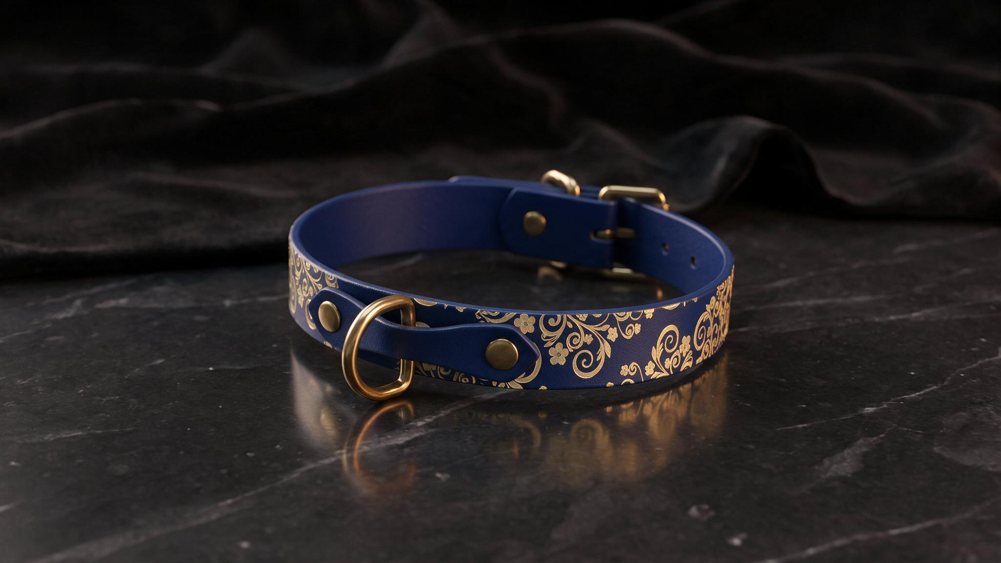 A blue collar with gold floral patterns is displayed on a black marble surface.