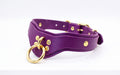 A purple leather choker collar with gold hardware, including a ring and buckle, is shown in the image.