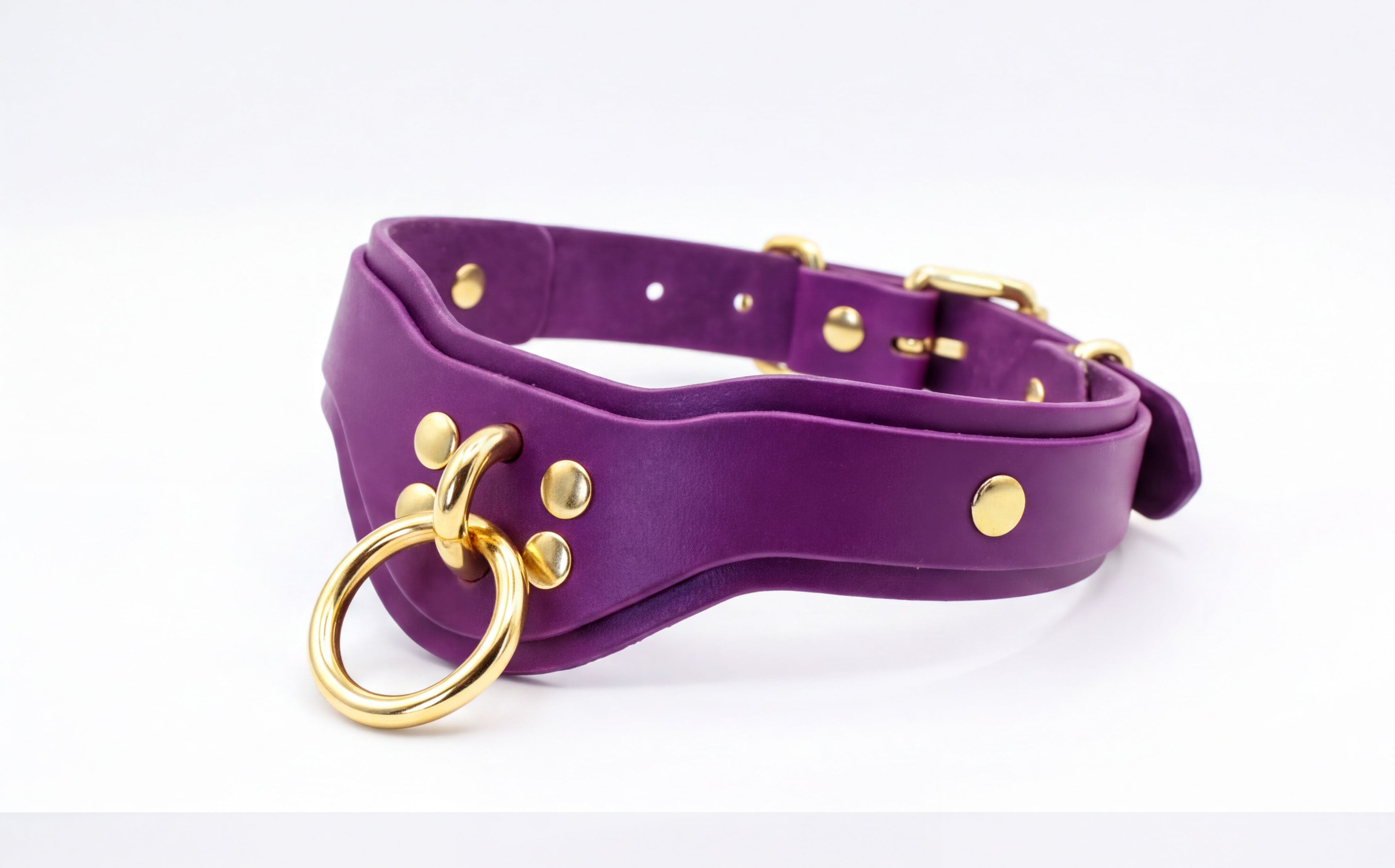 A purple leather choker collar with gold hardware, including a ring and buckle, is shown in the image.