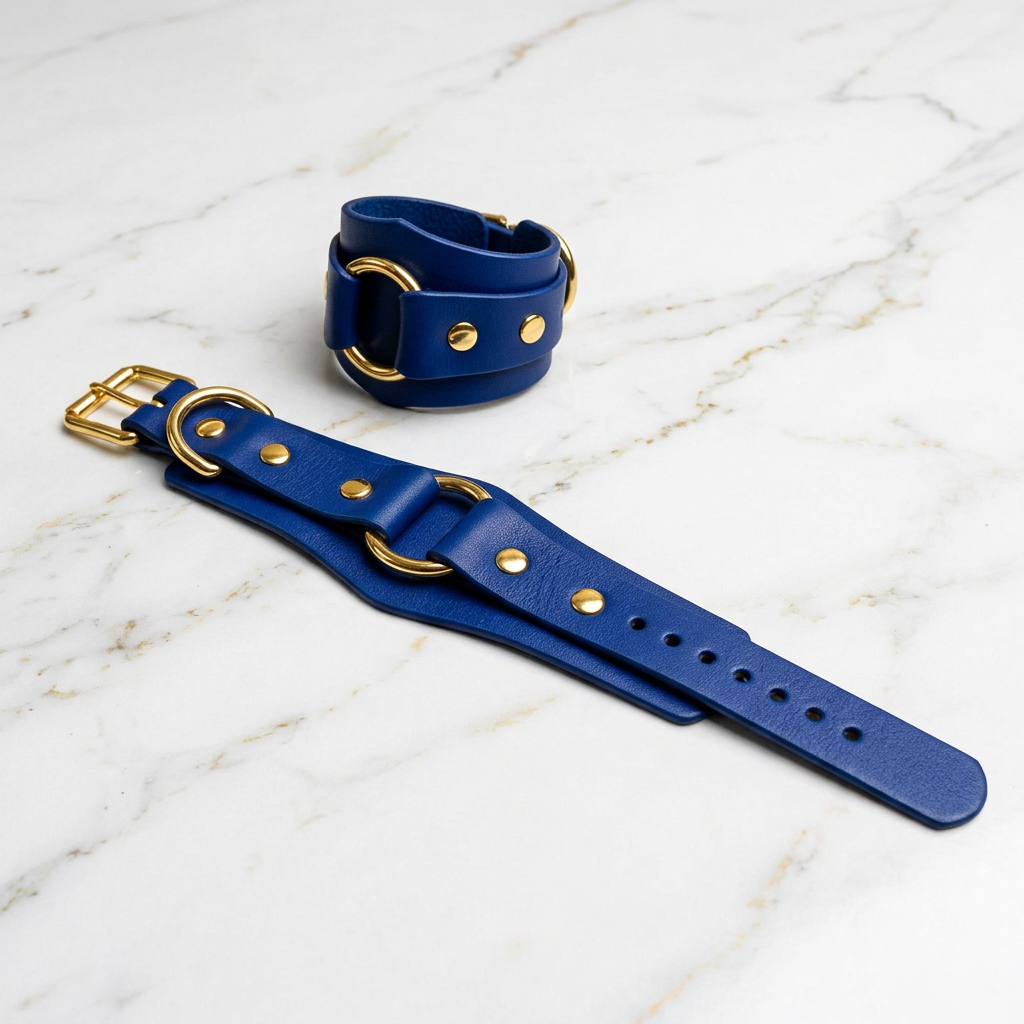A blue leather strap with gold hardware, including buckles and studs, is placed on a marble surface.