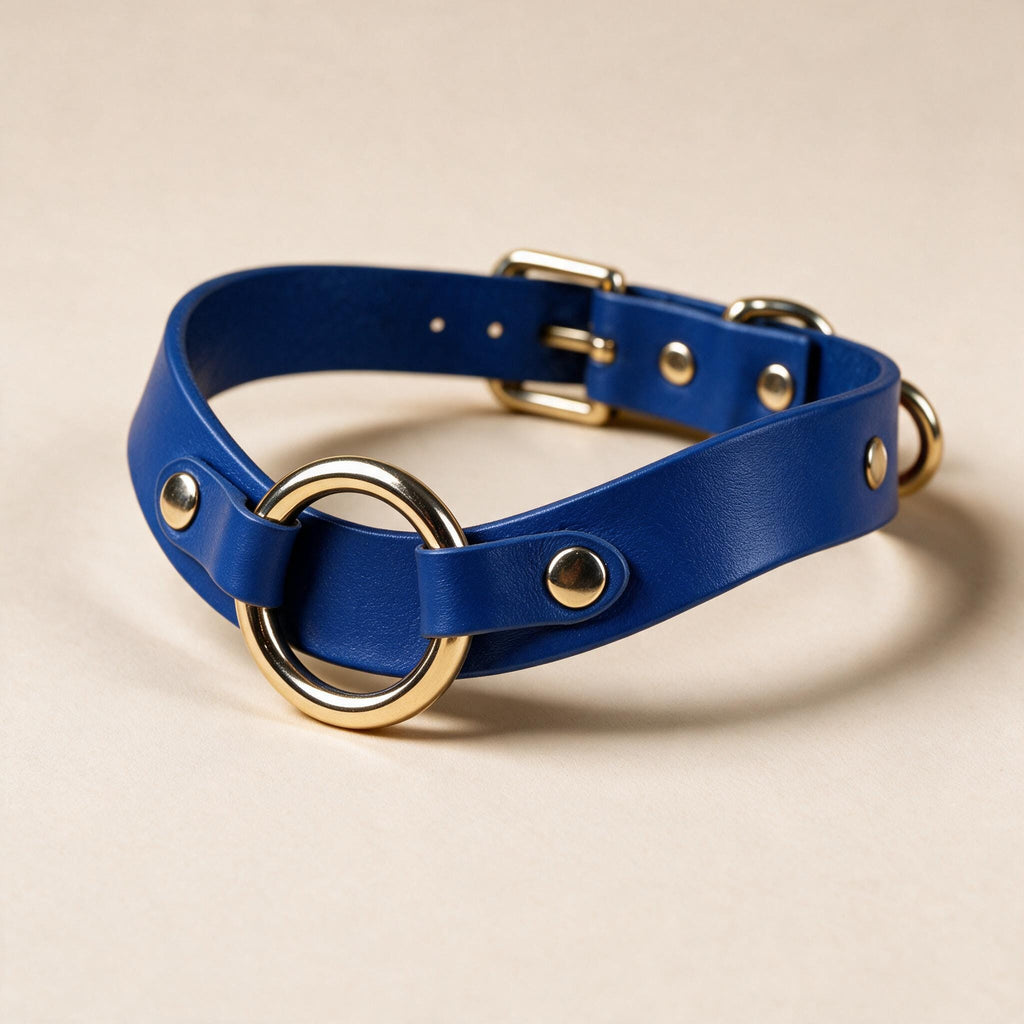 A blue leather choker necklace with gold-colored metal rings and buckles.