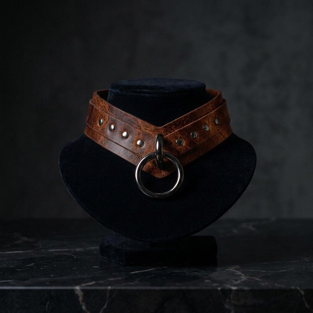 A brown leather choker necklace with a metal ring and a black velvet stand is displayed on a black marble surface.
